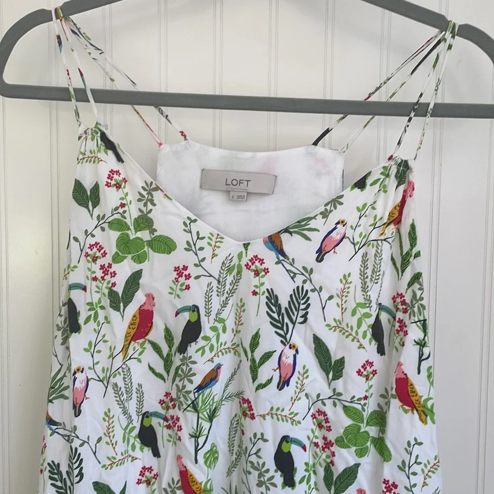 LOFT Jungle Birds Tropical Print Ruffle Double Strap Lined Dress Cover Up size S - Picture 2 of 11